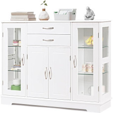 GOPLUS Stilinga medinė spintelė, virtuvės spintelė su stiklinėmis durelėmis ir 2 stalčiais, prieškambario spintelė, virtuvės, valgomojo, vonios kambario, prieškambario spintelė (balta)
