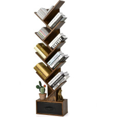 HOMASIS knygų spinta su stalčiumi, medinė medinė lentyna su 8 lygiais, plona lentyna knygoms, CD, DVD, knygų laikymo lentyna, organizatorius miegamajam, svetainei ir biurui, 38 x 20 x 149,5 cm (ruda)