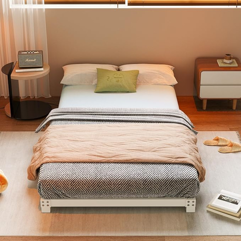 Metalinė lova su platforma, lovos rėmas 90 x 200 cm, aukštis 8 cm, metalinis lovos rėmas, moderni metalinė lova suaugusiesiems, vaikams, paaugliams, lengvai surenkama, viengulė lova, balta