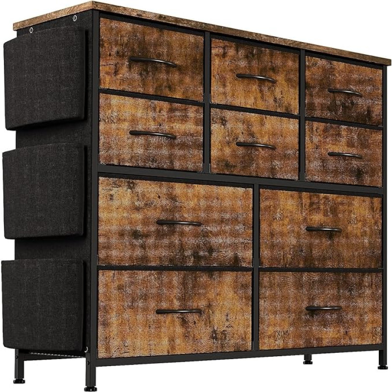Miegamojo komoda su 10 medžiaginių stalčių, aukšta komoda, skirta drabužiams, drabužių spinta, vaikų kambarys, sandėliavimo bokštas su spinta, metalinis rėmas