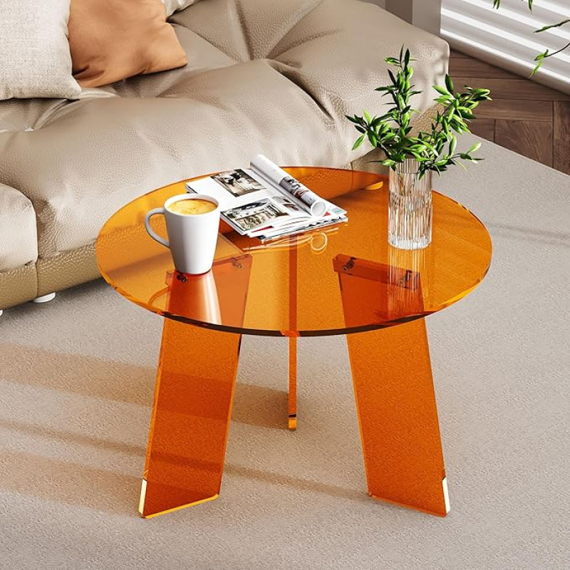 Apvalus akrilo kavos staliukas, skaidrus apskritimas, modernus liucito staliukas svetainei, miegamajam, biurui (oranžinis, 60 x 60 x 40 cm)