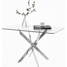 Modernus stačiakampis stiklinis valgomojo stalas, virtuvės stalas, stiklinis stalas su metalinėmis kojelėmis valgomajam, svetainei, virtuvei, sidabrinis, 110 x 70 x 75 cm