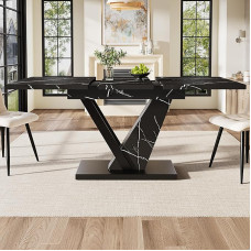 Telescopic Dining Table (120-160 x 75 cm), Table, Kitchen Table, Extendable Table, with the Help of Internal Inserts, Extendable to 120-160 cm, for Kitchen and Living Room, with Black Marble Pattern
