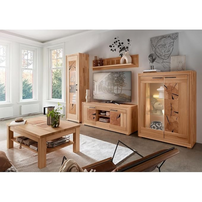 Pradžia Baldų komplektas Gyvenamasis sieninis blokas Kietas buko medžio masyvas Alyvuotas sumontuotas 5 dalių modernus ekranas Sieninė lentyna Lowboard Highboard Kavos staliukas