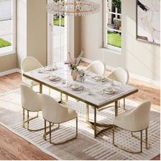 POVISON 180 cm valgomojo stalas 6 asmenims, valgomojo stalas, baltos spalvos, skirtas virtuvei ir valgomajam, stačiakampis valgomojo stalas iš dirbtinio marmuro, auksinės kojos, barokinis, lengvai montuojamas, 180 x 90 x 75 cm (be kėdžių)