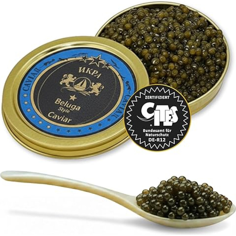 SEPEHR DAD CAVIAR Beluga Premier Caviar 20 g, stambiagrūdžiai 2,9-3,1 mm, Beluga Premier Caviar iš tvarios akvakultūros, švelnaus ir smulkaus kremo, išskirtiniai Kaluga Hausen eršketų ikrai iš Kaluga Hausen eršketų ikrų