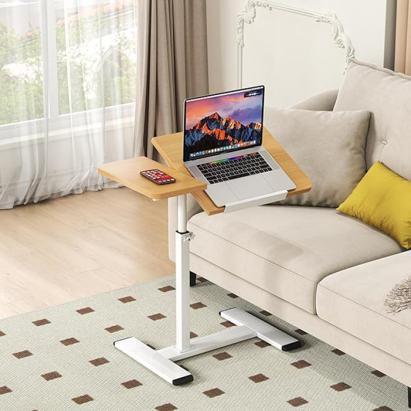 Šoninis staliukas Mažas medinis kavos staliukas: Kavos staliukas C formos reguliuojamo aukščio sofos staliukas su ratukais Stalas, besisukantis 360° kampu Mobilus stovintis rašomasis stalas gyvenamajame kambaryje, skirtas lovai, sofai, biurui, biurui (med