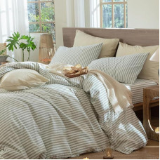 Lanqinglv Patalynė 220 x 240 cm, medvilninė dryžuota žalia ir balta, 100% Renforce patalynės komplektas su užtrauktuku, Oeko-Tex patalynė, tinkama alergiškiems žmonėms, 1 antklodės užvalkalas ir 2 pagalvių užvalkalai 80 x 80 cm