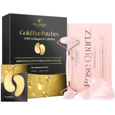 PLANTIFIQUE Rosenquarz Gesichtsroller und Gua Sha Stein Set für Gesichtsmassage und reduziert Schwellungen & Plantifique Augenpads Gegen Augenringe und Tränensäcke - 20 Paar