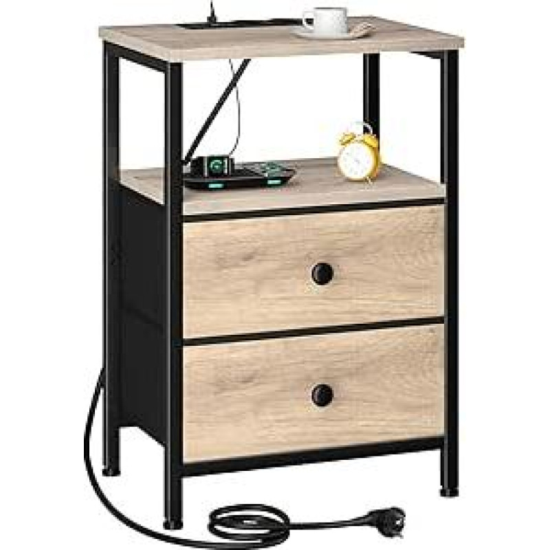 AMHANCIBLE Naktinis staliukas su įkrovimo funkcija, šoninis staliukas su medžiaginiais stalčiais, sofos staliukas su atvira lentyna, su 2 USB prievadais ir 2 lizdais, miegamojo naktinė spintelė, svetainė, pilka HETS020GY-1