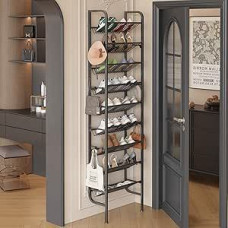 Durų batų stovas, 9 pakopų metalinis batų stovas už durų, atviras batų stovas, su 12 kabliukų, skirtas sandėliui, prieškambariui, svetainei (juodas, 45,4 x 20 x 175 cm)