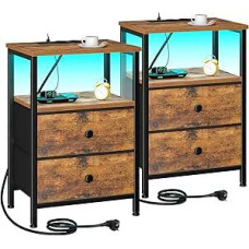 AMHANCIBLE EHETS02BR 2 naktinių staliukų su įkrovimo stotele ir LED lemputėmis rinkinys, sofos staliukas su 2 medžiaginiais stalčiais, medinė naktinė spintelė su atvira lentyna miegamajam, svetainei, rudos spalvos