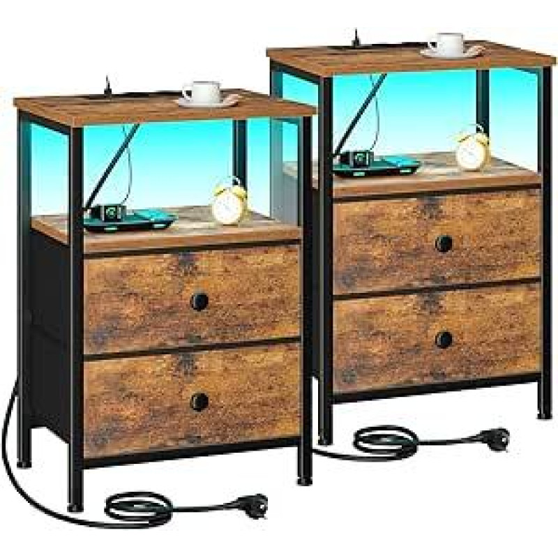 AMHANCIBLE EHETS02BR 2 naktinių staliukų su įkrovimo stotele ir LED lemputėmis rinkinys, sofos staliukas su 2 medžiaginiais stalčiais, medinė naktinė spintelė su atvira lentyna miegamajam, svetainei, rudos spalvos