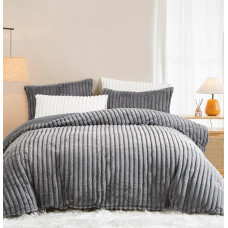 Lanqinglv Plush Winter Bed Linen, 200 x 200 cm, Dark Grey, Fluffy, Faux Fur, Warm, Teddy Fleece, Cashmere Feel, Flannel, Duvet Cover with Zip and 2 Pillowcases, 80 x 80 cm