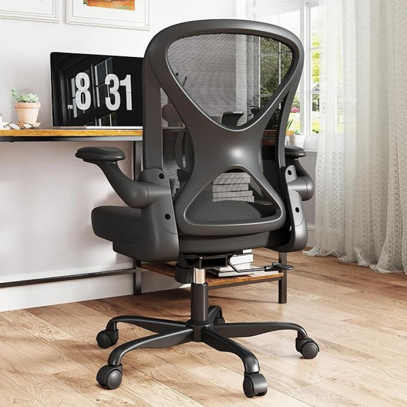ZZH Ergonominė darbo stalo kėdė, tinklinė biuro kėdė su reguliuojama juosmens atrama ir atlenkiamais porankiais, kvėpuojanti kompiuterio kėdė namų biurui su 360° pasukimo ir aukščio reguliavimo funkcija, juoda