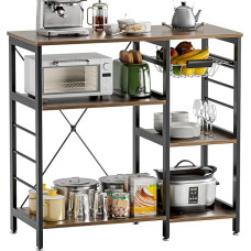 vovala Virtuvės lentyna, kepinių stovas, mikrobangų krosnelės stovas su bambuko rėmu, 90 cm kavos baras su vieliniu krepšeliu ir 6 kabliukais, 3 pakopų virtuvės lentynos stovas virtuvei, svetainei, biurui, kaimiška ruda spalva