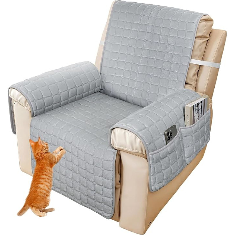 LUKDUNG Fotelio apsauga, skirta krėslui su atlošu, atramų užvalkalai sofai, televizoriaus kėdės apsauginis užvalkalas, neslystantis, fotelio užvalkalas su atramomis, kėdės pagalvėlė su 2 kišenėmis ir elastine juosta, pilka, 1 sėdynė, 53 x