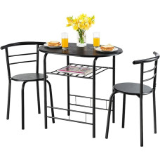 HOMASIS 3 dalių valgomojo komplektas su vyno stovu, virtuvės stalas ir kėdės iš medžio ir metalo, valgomojo kėdės su atlošais, valgomojo stalo komplektas virtuvei ir valgomajam (juodas)