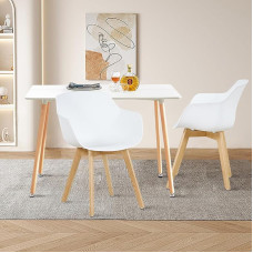 LafeuR Dining Table with 2 Chairs, Rectangular Kitchen Table and Set of 2 Dining Room Chairs with Armrests for Kitchen, Living Room, Garden, Balcony (White Table + 2 White Chairs)