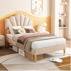 BTM viengulė lova, 3 pėdų x 7 pėdų minkšta viengulė, kriauklės tipo aksomo lova su auksinėmis geležinėmis kojomis ir reguliuojamo aukščio galvūgaliu, medinėmis lentelėmis apmušta aksomo lova, smėlio spalvos