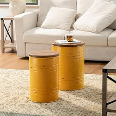 glitzhome Rustic Side Table Farmhouse Galvanizuoto metalo Ottoman Storage Stool su apvaliu mediniu dangčiu, skirtas svetainės baldams, geltonos spalvos, 2 vnt.