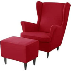 JHLD Stretch Cover for Wing Chair with Ottoman Protective Cover, Spandex Cover for Wing Chair with Stool Cover with Elastic Base Wing Chair Protective Cover – Red – Pack of 3