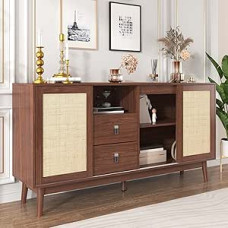 KAZZIO šoninė spinta su 3 stumdomomis durimis iš tikro rotango ir 2 stalčiais, 155 x 38 x 80 cm, pralaidi orui, stabili ir universali (tamsi mediena)