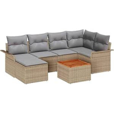 7-teiliges Garten-Sofa-Set mit Kissen Beige Poly Rattan Akazie, 2-Sitzer Garten-Sofa mit Stauraum & Kissen Beige Poly Rattan Gartenlounge Model3356019