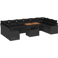 11-teiliges Garten-Sofa-Set mit Kissen Schwarz Poly-Rattan Akazie, 2-Sitzer Garten-Sofa mit Kissen Schwarz Poly-Rattan Gartenlounge Model3349512