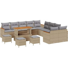 14-teiliges Garten Sofa Set mit Kissen Beige Poly Rattan Akazie Gartenlounge Model3363112