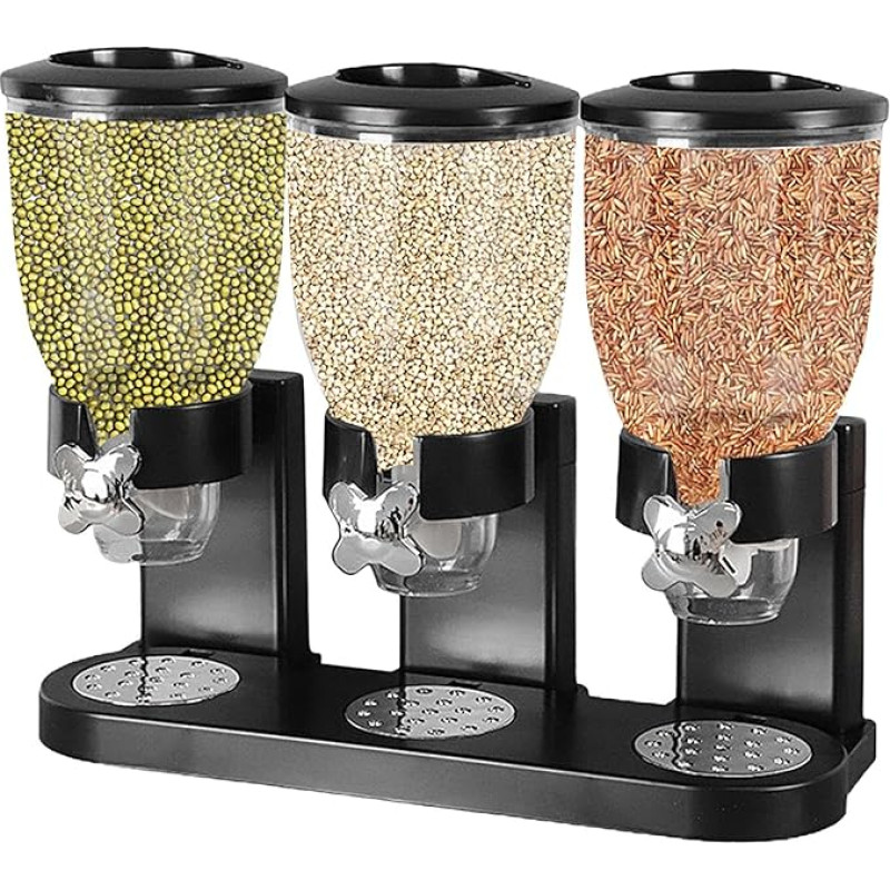 Dvigubas užkandžių dozatorius - užkandžių dozatorius, kukurūzų dribsnių dozatorius - dvigubas saldumynų ir sauso maisto dozatorius, 2 litrų talpos saldainių dozatorius (juodas: 3 skyriai)