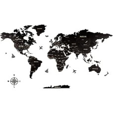 Creawoo World Map Wall Decoration Made of Wood, Black World Map Travel Map Wall Decoration Wall Art for Office, Living Room, Bedroom (200 x 114 cm)