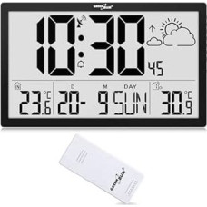 Green Blue GB218 Weather Station Digital Wall Clock with Outdoor Sensor, DCF Clock, 37 x 22.5 cm Large Wall Clock, Alarm with Snooze Function, LCD Display, Indoor and Outdoor Temperature, Weather
