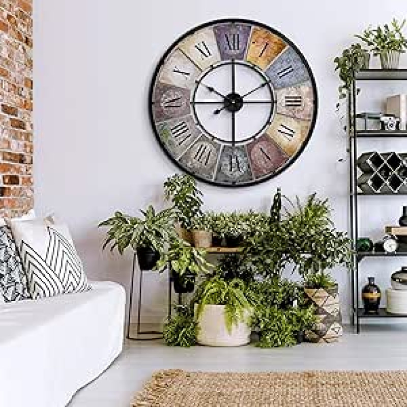 Didelis derliaus sieninis laikrodis Retro XXL Antikvarinis metalinis laikrodis Nerūdijančio plieno didelis Šabjako stiliaus Romėniški skaičiai didelis gyvenamojo kambario sienai Skersmuo 80 cm (Metalinis spalvotas)