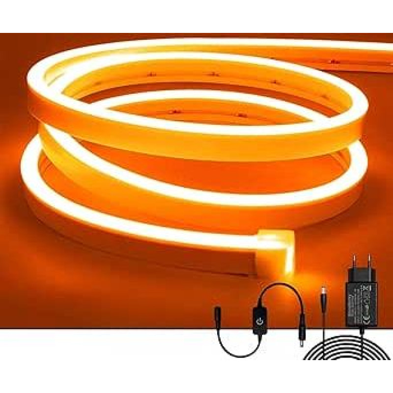 5 m neoninė LED juosta, oranžinė, 12 V, reguliuojama, lanksti, atspari vandeniui, IP65 šviesos juosta, silikoninė LED neoninė šviesos juosta gyvenamajam kambariui, miegamajam, sienų apdailai, 