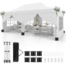 FANTASK sodo pavėsinė, šventinė palapinė su 6 nuimamomis šoninėmis sienelėmis ir smėlio maišais, 3 x 6 m sulankstoma pavėsinė, atspari žiemai, nepraleidžianti vandens, apsauganti nuo UV spindulių 50+, stabili (balta)