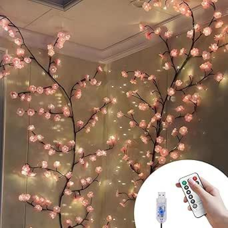 180 cm 96 LED šviesos diodų pasakų žiburiai su nuotolinio valdymo pulteliu, 8 režimai, USB laikmatis, gluosnio vynmedžio žibintai, skirti miegamojo dekoracijoms Kalėdų dekoracijos