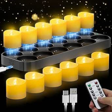 12 įkraunamų LED arbatos žibintų su nuotolinio valdymo pulteliu ir laikmačio funkcija - magnetinė įkrovimo stotelė, 100H+ veikimas, mirksinčios elektrinės žvakės Kalėdų dekoracijoms ir stalo puošybai