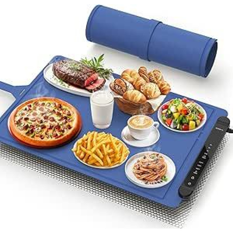 Lebensmittel-Wärmematte Elektrisches Tablett: Verstellbare Silikon-Heizunterlage mit 3 Temperatureinstellungen 4 Timer-Funktionen Tragbare Silicone Food Warming Mat Electric Warming Tray Blue
