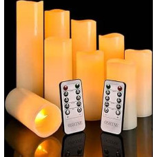 OSHINE LED žvakės nedegios žvakės (H 4,5 colio, 5 colių, 6 colių, 7 colių, 8 colių, 9 colių), 9 tikro vaško stulpelių, ne plastikinių, rinkinys su 10 mygtukų nuotolinio valdymo laikmačiu, 300 valandų (9, dramblio kaulo spalvos)