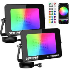 PICAA 2 x 30 W RGB LED prožektorių programėlės valdymas, 3000 LM RGBW spalvų keitimo prožektorius, 16 milijonų spalvų, išmanusis LED prožektorius, lauko sieniniai žibintai vakarėliams, sodui, scenai