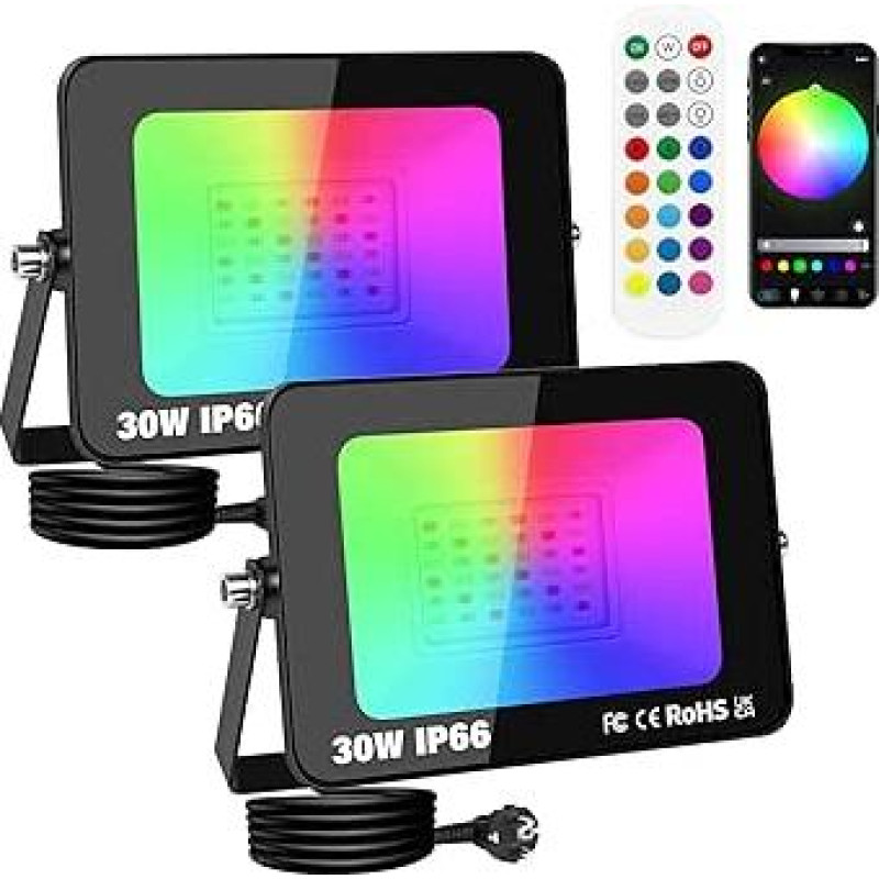 PICAA 2 x 30 W RGB LED prožektorių programėlės valdymas, 3000 LM RGBW spalvų keitimo prožektorius, 16 milijonų spalvų, išmanusis LED prožektorius, lauko sieniniai žibintai vakarėliams, sodui, scenai