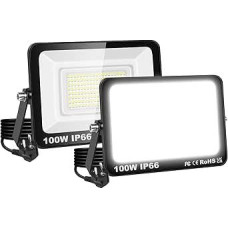 RIGIDON 2 lauko LED prožektorių pakuotė, 100 W, 10 000 LM, LED lauko prožektorius su kištuku, 6000 K, šaltos baltos spalvos, IP66 atsparus vandeniui, lauko šviestuvas garažui, sodui, sporto aikštelei, kiemui, kiemui