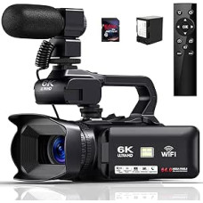 Vaizdo kamera 6K 64MP vaizdo kamera su 18 kartų skaitmeniniu priartinimu, 4,0 colių jutikliniu ekranu, HD WiFi vaizdo kamera su 4500 mAh akumuliatoriumi, 64G SD kortele, stabilizatoriumi, mikrofonu ir nuotolinio valdymo pultu