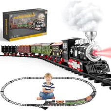 deAO garinio traukinio žaislas, elektrinis retro traukinys su 3 garų purkštukais, šviesa, triukšmu ir tyla, elektrinis geležinkelis, kalėdinė traukinio dovana vaikams nuo 3 metų (6 vagonai)