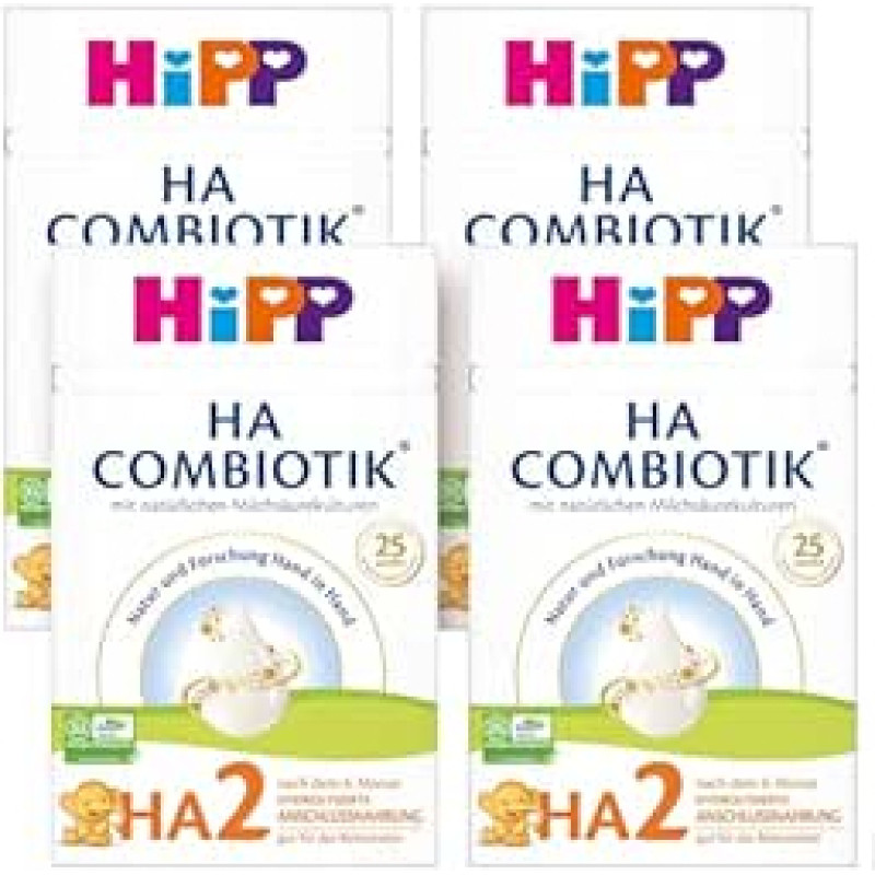 HiPP HA 2 Combiotic, hidrolizuotas mišinys (4 x 600 g) - po 6 mėn., su natūraliomis pieno rūgščių kultūromis, GOS, Omega-3 (DHA, ALA), jautriai imuninei sistemai