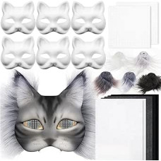 Therian kaukė pasidaryk pats rinkinys, 6 vienetų pasidaryk pats popieriaus Therian kaukė su dirbtiniais kailiais, akių tinkleliu ir veltinio audiniu, tuščios pusės veido kačių kaukės amatams Helovino maskaradas, maskarado balius, Cosplay