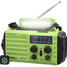 AM/FM/SW statybos aikštelės radijo stotelės radijas, nešiojamas 5 krypčių orų saulės radijas, dinamo rankinis alkūninis, maitinimo bankas, LED stovyklavietės šviesa, SOS signalas, kompasas, USB prievadas mobiliajam telefonui įkrauti avarijos atveju