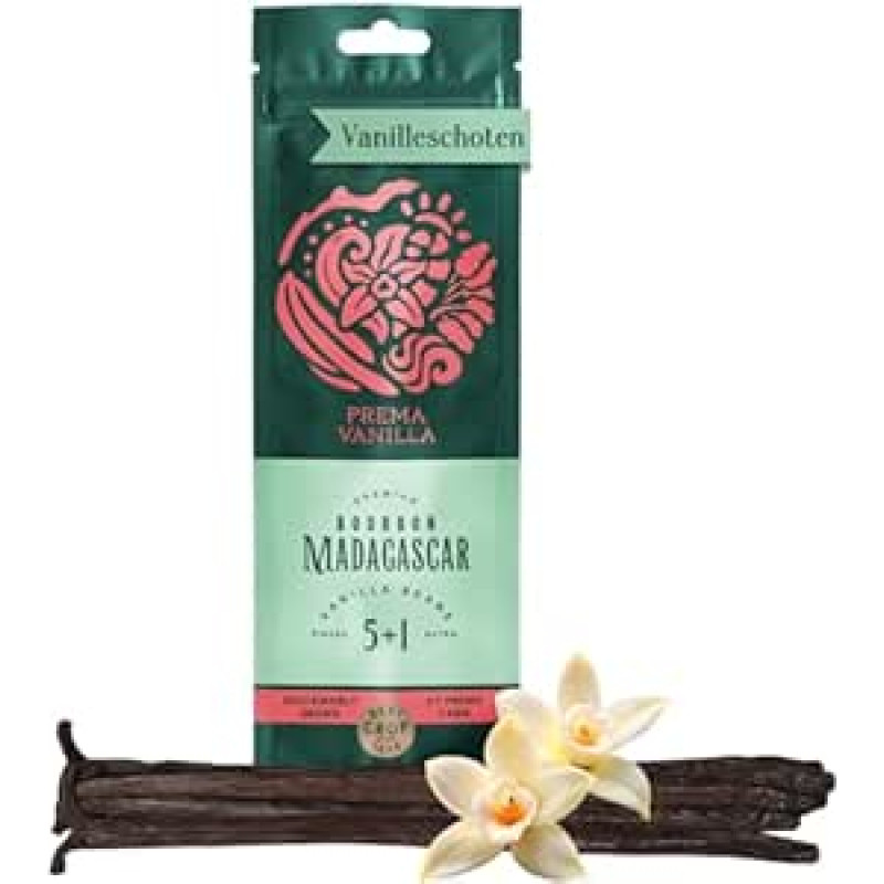 PREMA VANILLA 5+1 aukščiausios kokybės Burbono vanilės pupelių 14-18 cm, ekologiškos ir natūralios vanilės pupelės iš Madagaskaro, vanilės ankštys kepimui, virimui ir saldumynams