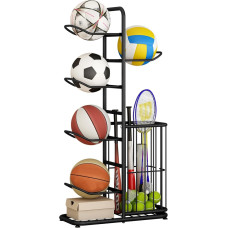 Garage Organiser for Sports Equipment, Basketball Storage Shelf, Removable Standing Rack Holder with 5 Ball Stands and Baskets, Storage Shelf for Rugby, Volleyball, Football Display